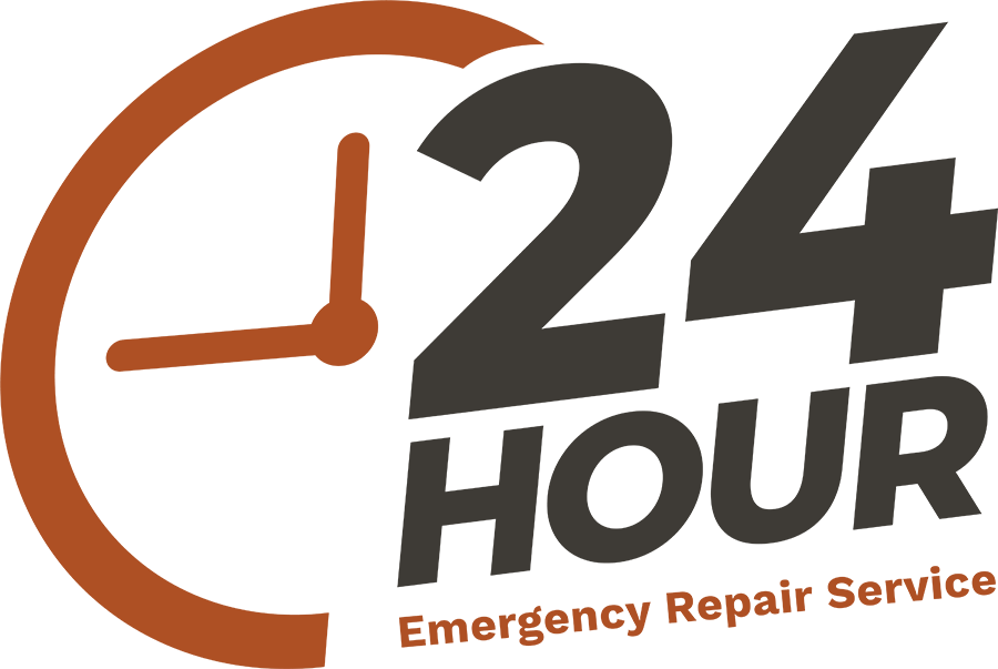 Icon of red clock with large black text saying 24 hour emergency repair service