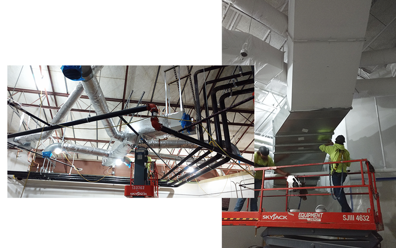 Collage of photos overlaying each other showing the Feldkamp team working on various commercial HVAC systems